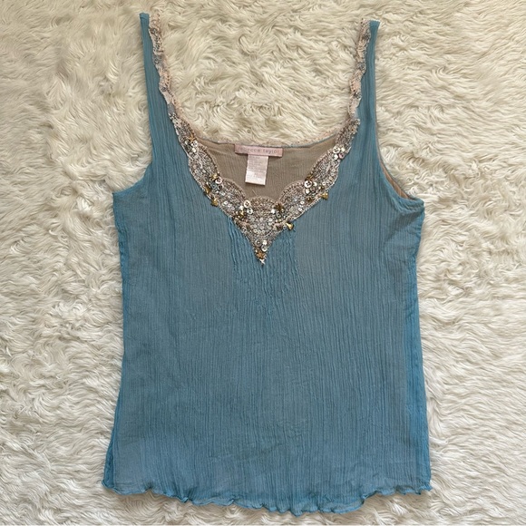 Rebecca Taylor Top Silk Crinkle Tank Beaded Vintage Mermaidcore Blue Sz 10 - Picture 1 of 11